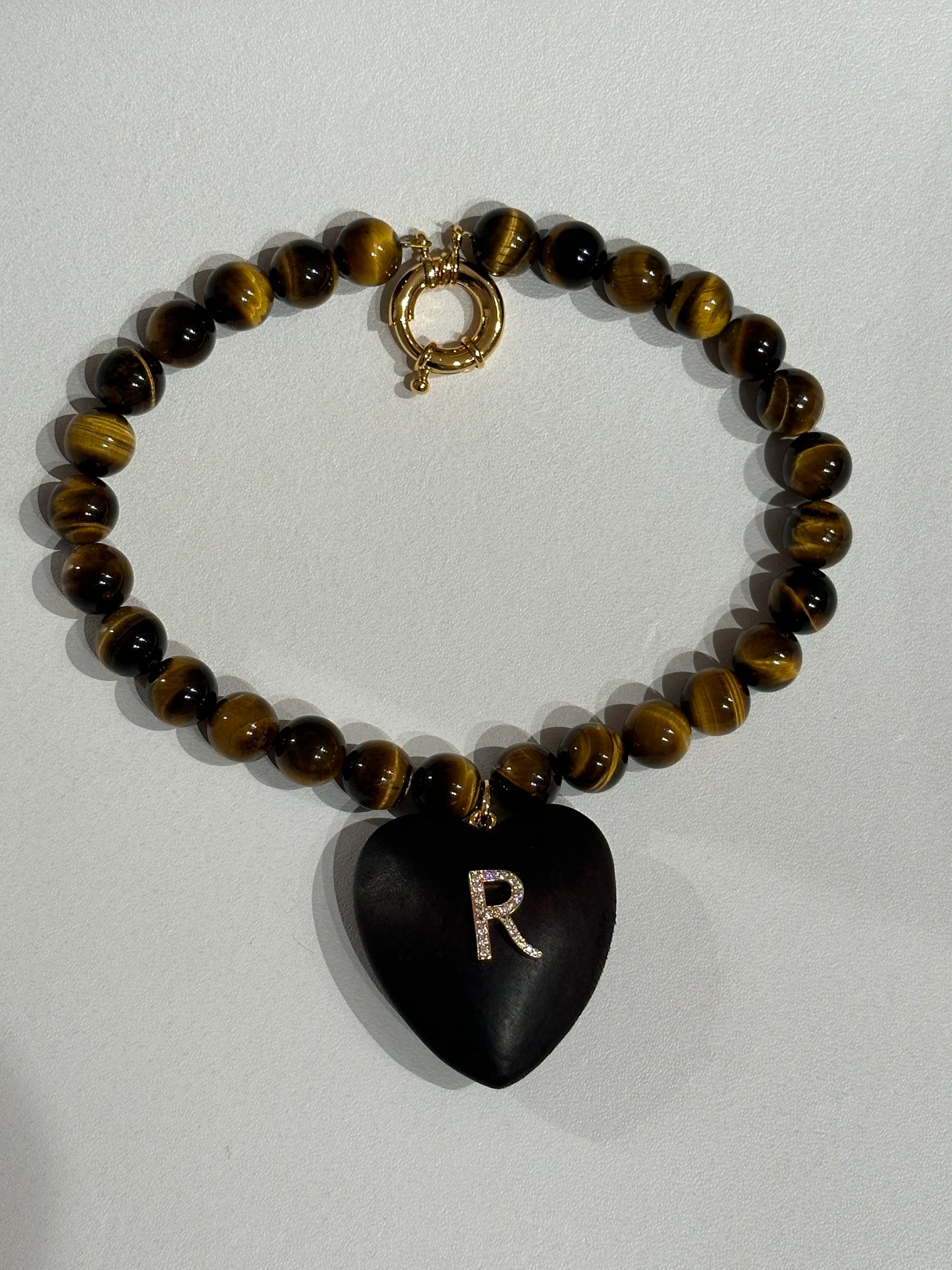 Tiger beads and dark wood heart with initial