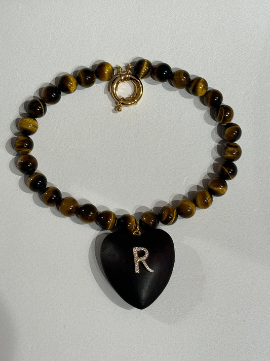 Tiger beads and dark wood heart with initial